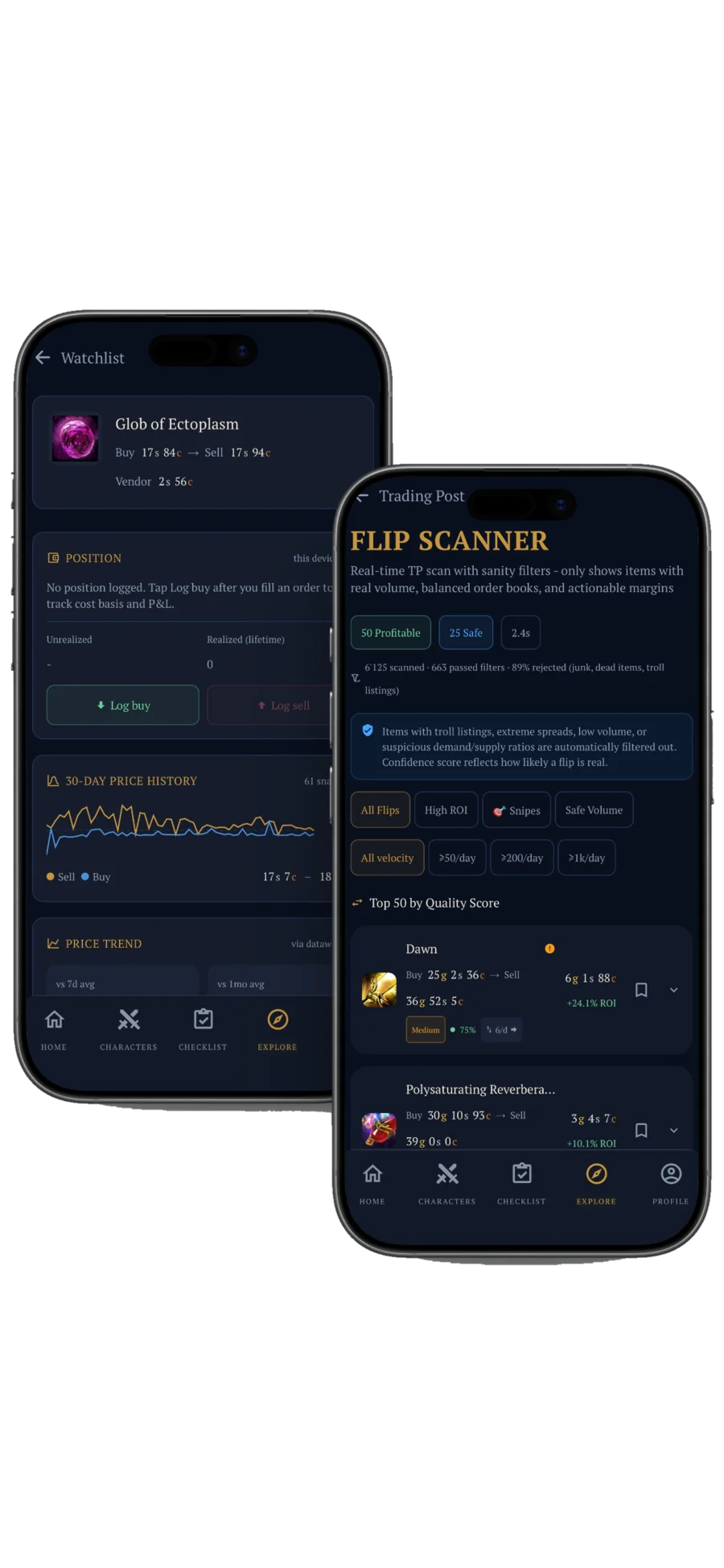 Tyria Companion Flip Scanner and Watchlist screens with live market data