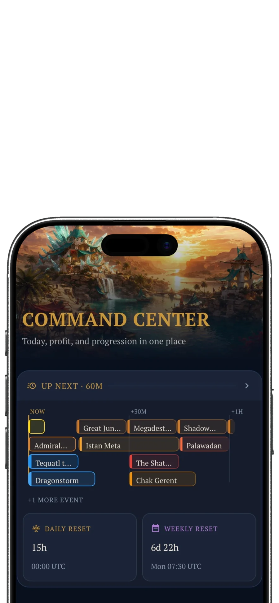 Tyria Companion Command Center: live event ribbon, daily and weekly reset countdowns, account-readiness summary