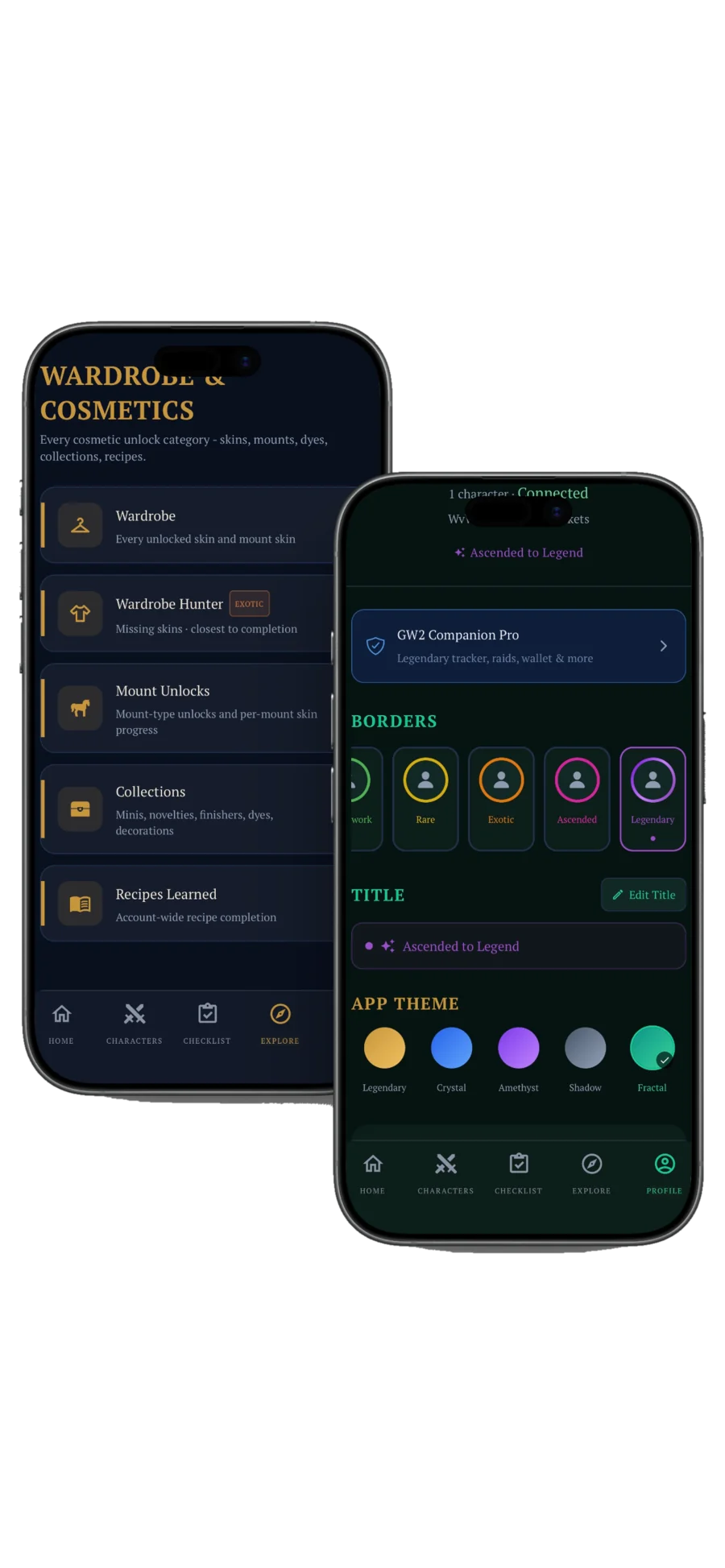 Tyria Companion Wardrobe and Profile screens with cosmetics and theme picker